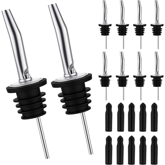 10 Pack Liquor Bottle Pourers, Stainless Steel Pour Spouts with Long Dust Caps Covers, Seal Pour Spout and Air Vent Tube, Hygienic, Dishwasher Safe.