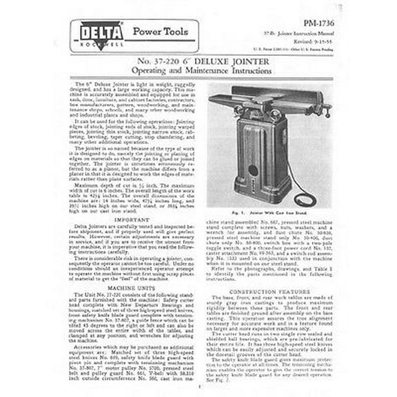 Instruction Manual ONLY for Delta Rockwell No. 37-220 6" Deluxe Jointer Instructions REPRINT