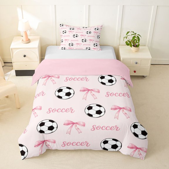 spefrowx Cute Soccer Word Twin Duvet Cover for Girls, Pink Princess Bow Twin Bedding, Pink Reversible, 2pcs, 1 Duvet Cover and 1 Pillowcase