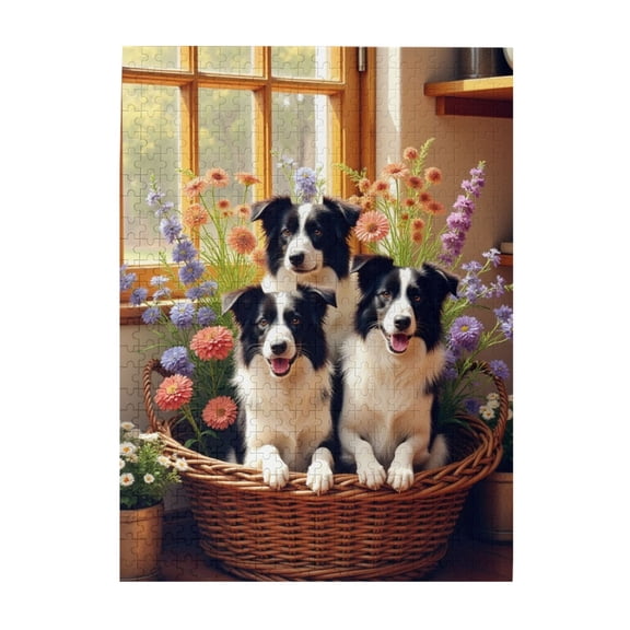 500 Piece Jigsaw Puzzle For Adults Three Border Collies In A Flower Basket Challenging And Relaxing Adult Puzzle Unique Artwork Great Gift Idea Home Decor