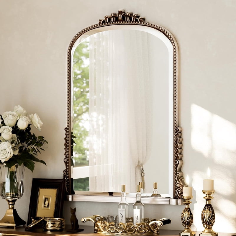 Gleamira 40"x 28" Antique Arched Bathroom Mirror Vanity Mirror Decor Wall Mirror, Antique Silver