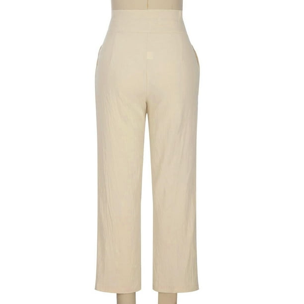 Pants for Women Elastic Waist Pockets Solid Color Straight Leg Pants Trousers Ladies Casual Dress Pants