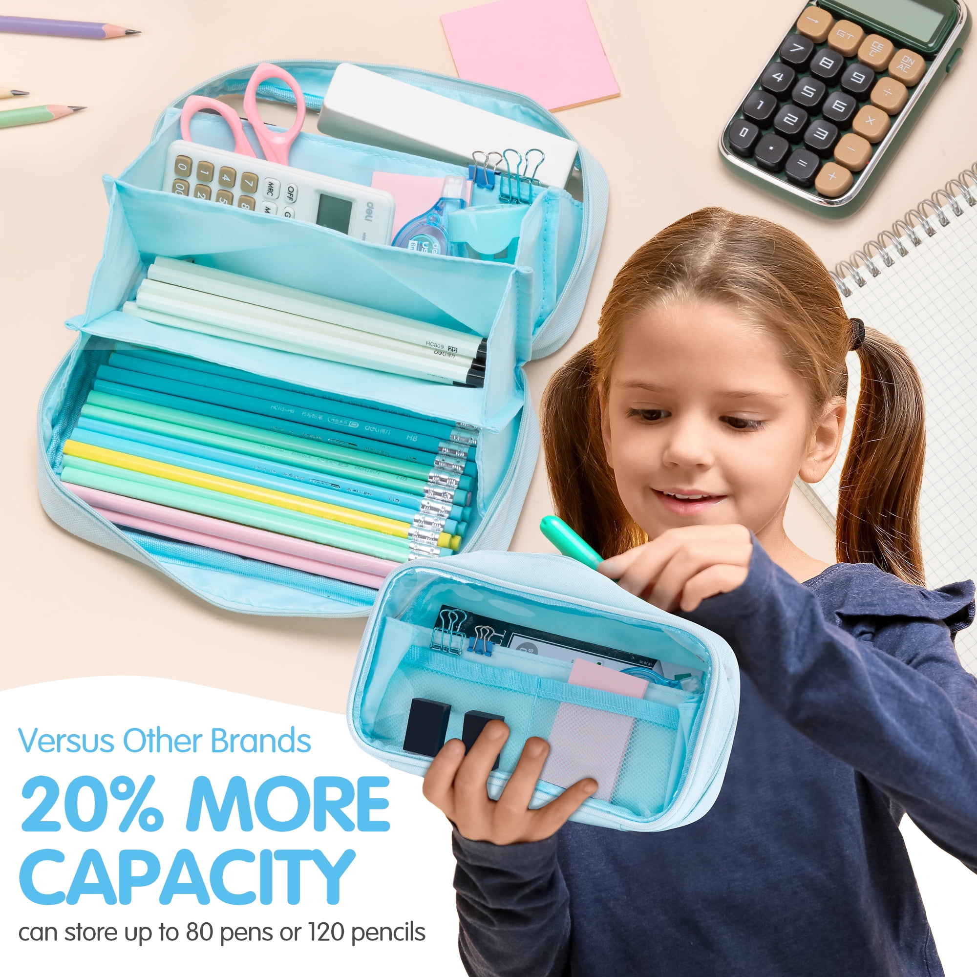 Deli Pencil Case for Kids,Large Capacity Foldable Pencil Pouch with 4 Compartments, School Supplies Organizer Bag for Students, Teens and Office Use,Blue