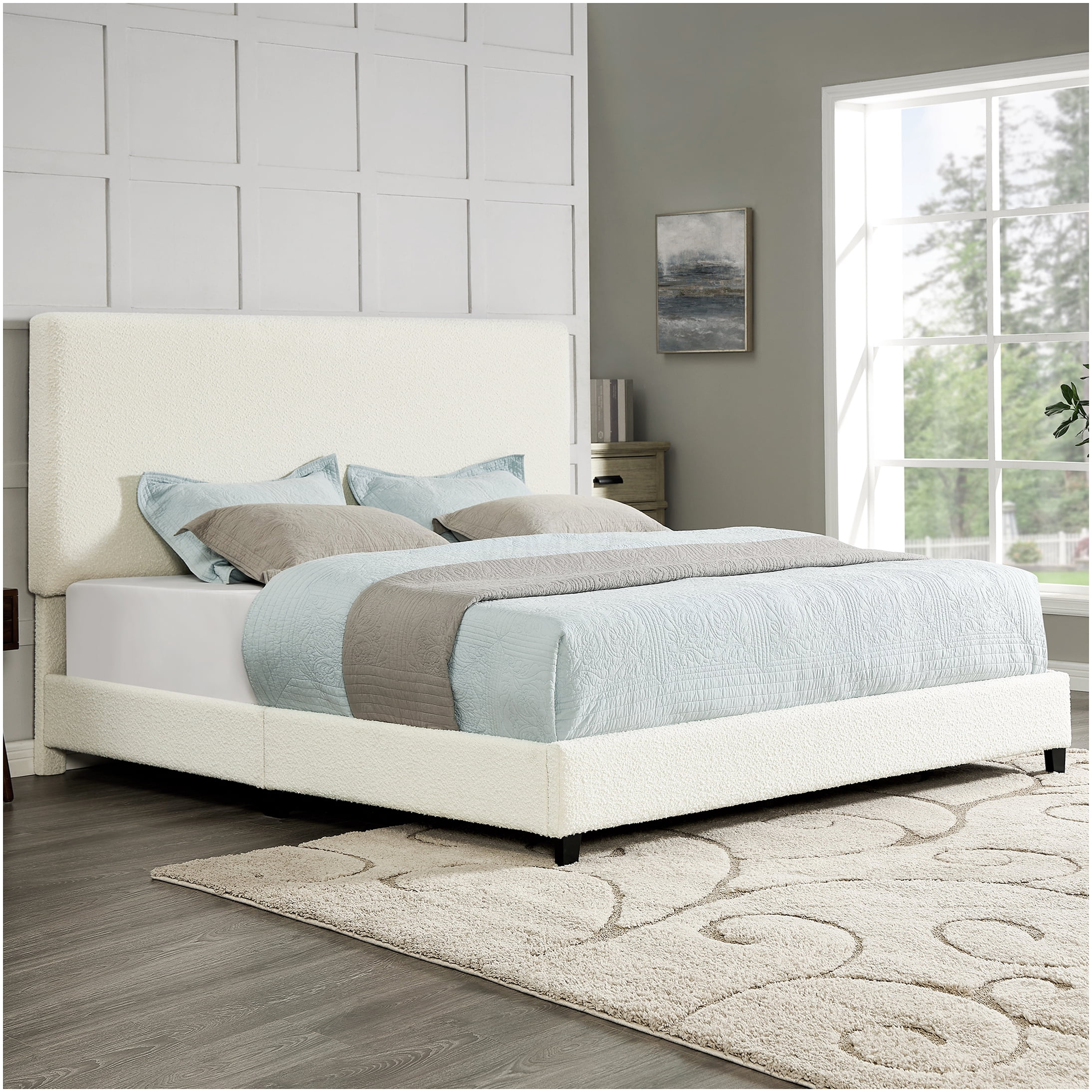Modern White Boucle Upholstered King Size Bed Frame with Platform Base and Padded Headboard