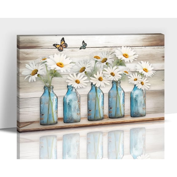 Farmhouse Bathroom Wall Decor Rustic Bathroom Wall Art, Butterfly Daisy Canvas Print Country Farmhouse Picture Artwork for Walls, Modern Bath Home Restroom Wall Art 12x18 Inches