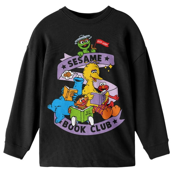 Sesame Street Book Club Crew Neck Long Sleeve Youth Black Tee-Medium