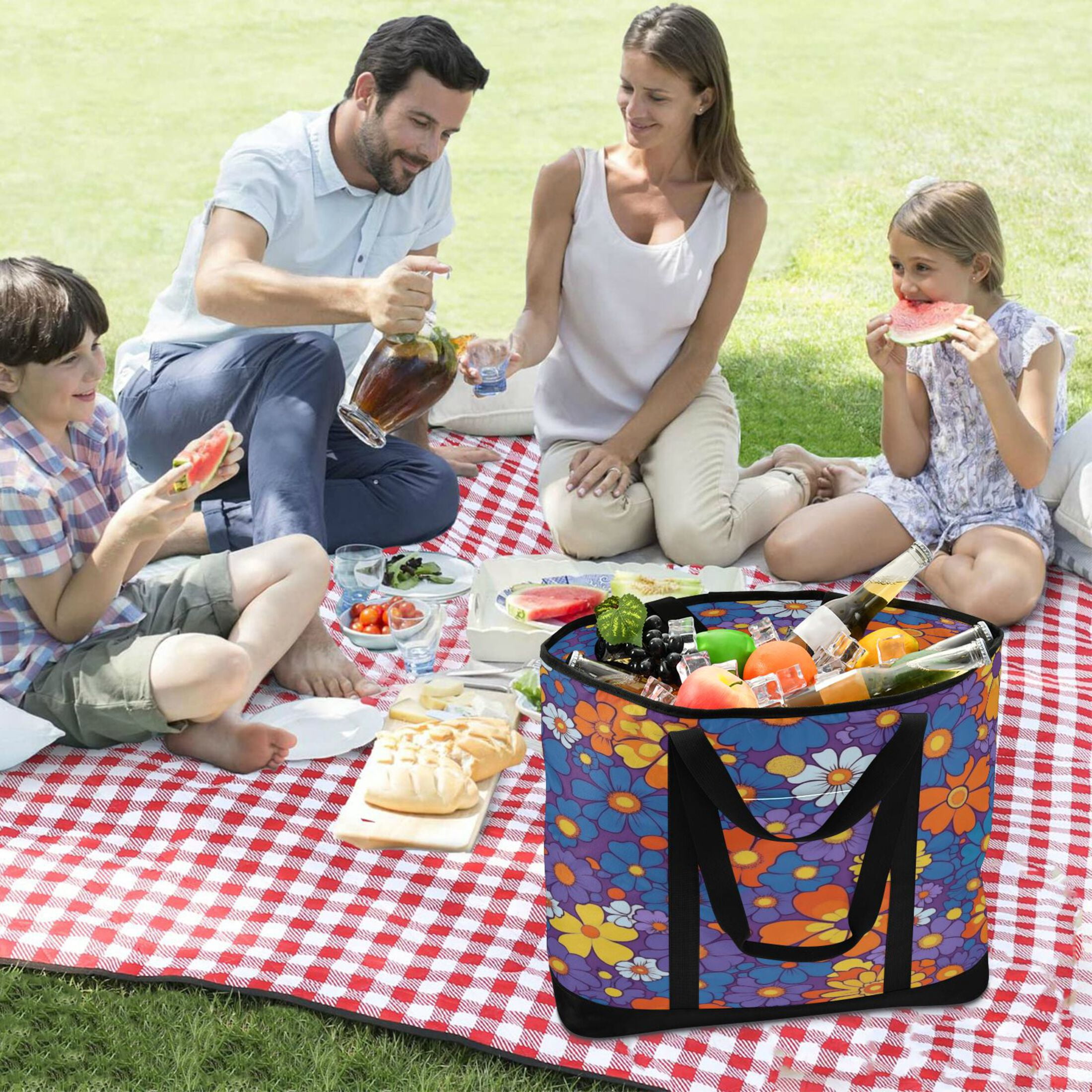 Extra-Large Wide Opening Design Capacity Hand-Held Ice Pack Thickened Insulation Layer For Long-Lasting Cold Retention For Outdoor Shopping Picnics And Camping Realistic Floral Pattern