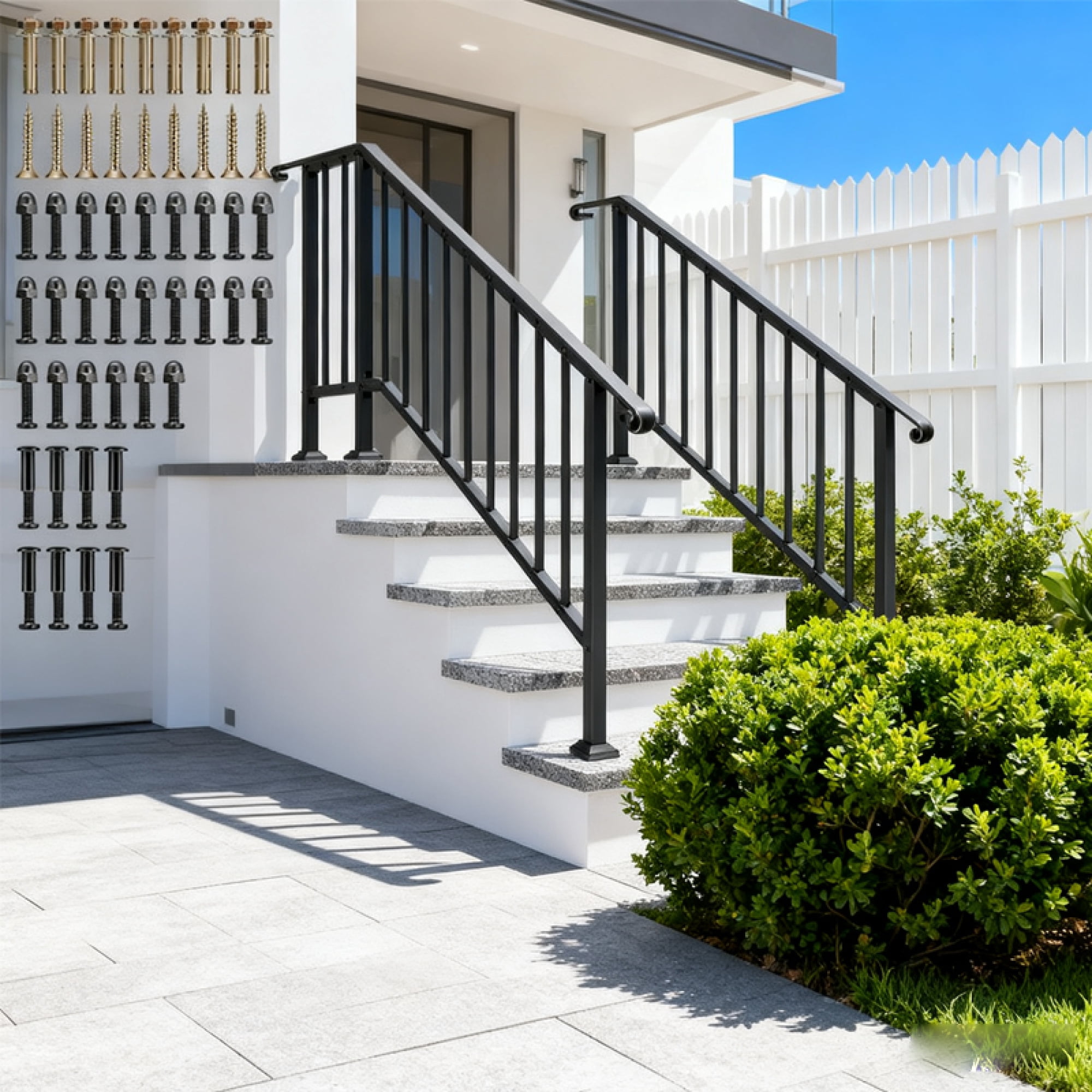 Leumius Hand Rails for Outdoor Steps,4 Step Galvanized Steel Railing Kit with Curved Ends and Safety Balusters Exterior Railing for Porch, Deck
