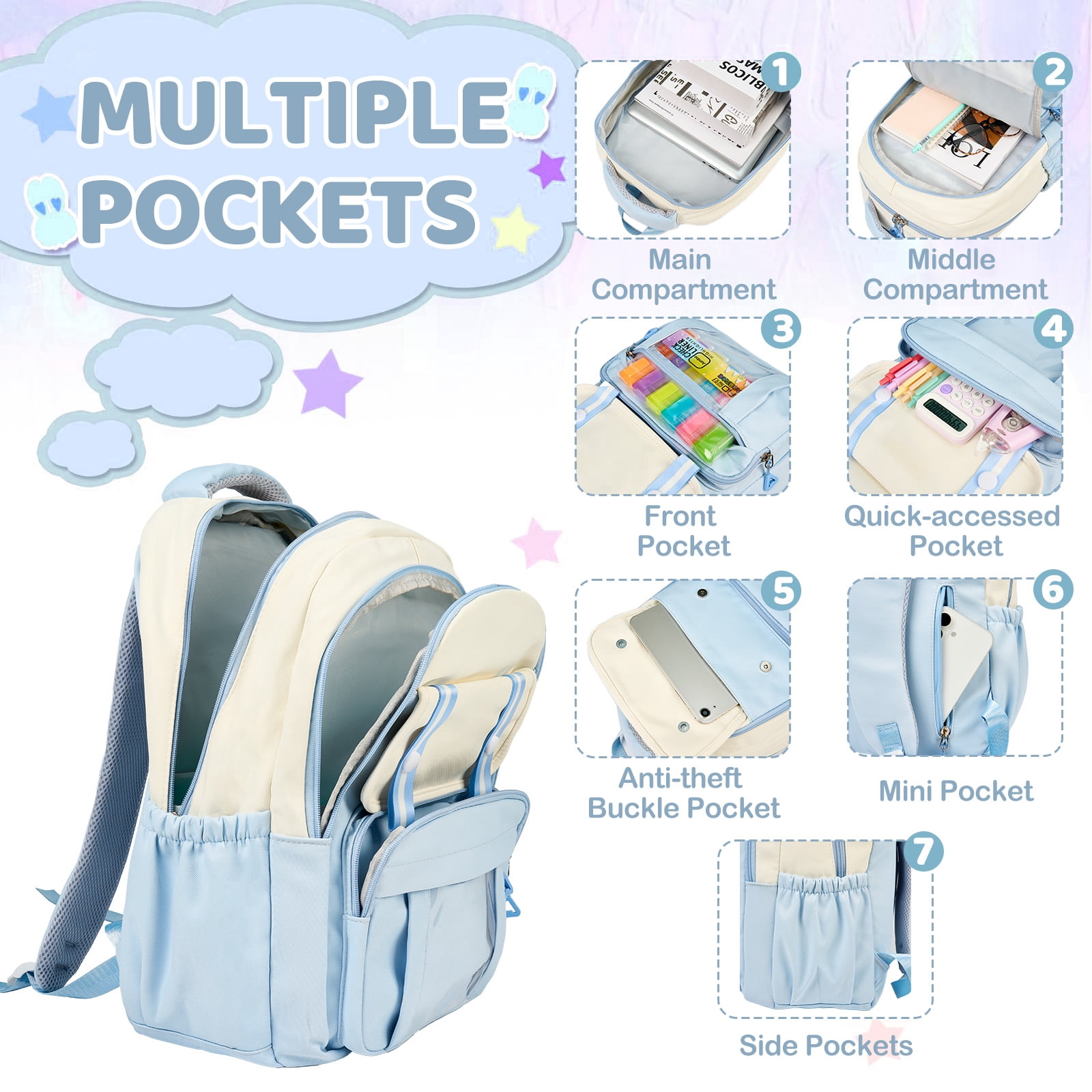 DAKIMOE Kids Backpack, Large Capacity School Bookbag for 15.6 Inch Laptop, Water-Resistant Cute Girl Backpacks for Teen adults, Lightweight Travel Daypack for Middle School College