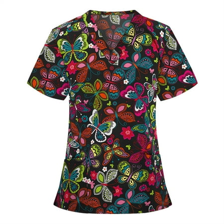 

EINCcm Women Scrub Tops Print Scrub Tops Women Short Sleeve V-neck Tops Working Uniform Blouse Multis XL