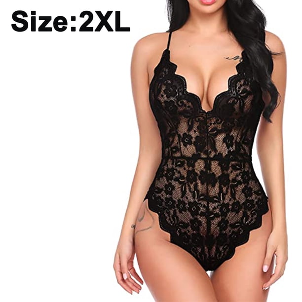 Lencería de una pieza para mujer, body de encaje sexy con escote en V profundo, lencería sexy con estampado de honda en forma de U, lencería sexy