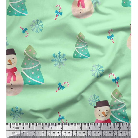 Soimoi Green Rayon Fabric Snowman & Tree Christmas Decor Fabric Printed Yard 56 Inch Wide