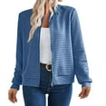 thumbnail image 2 of Women's Waffle Texture Zip Up Jacket, Long Sleeve Lightweight Cardigan, Casual Loose Fit Sweatshirt, Soft Fall Fashion Top, Breathable Open Front Coat, Comfortable Layering Piece Blue L, 2 of 6