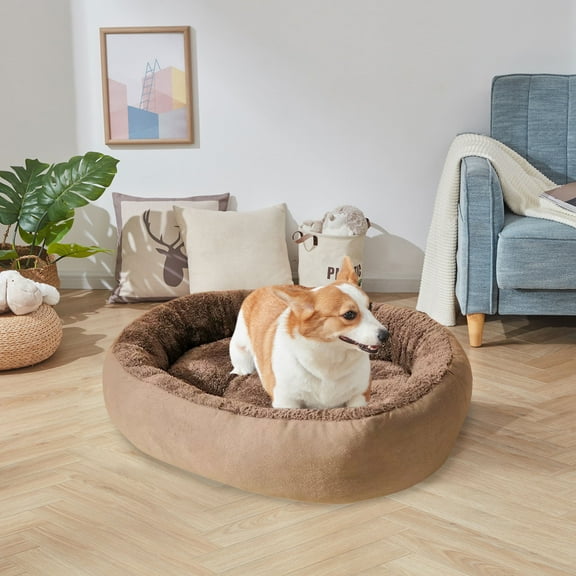 Eliaeconx Oval Pet Bed, 20 x 16 Inch Winter Warm Dog Mat, Soft Fleece Lined Cat Pad, Reversible Plush Cushion for Small Medium Pets, Indoor Use, Gray