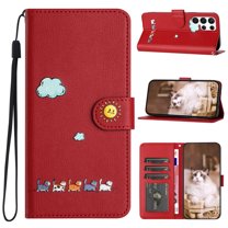 Phone Case for Samsung Galaxy S23 Ultra, Folding Faux Leather Cute Animal Pattern Wallet Flip Cover with Card Holder & Wrist Strap, Magnetic Closure Shockproof Kickstand Phone Case - Red