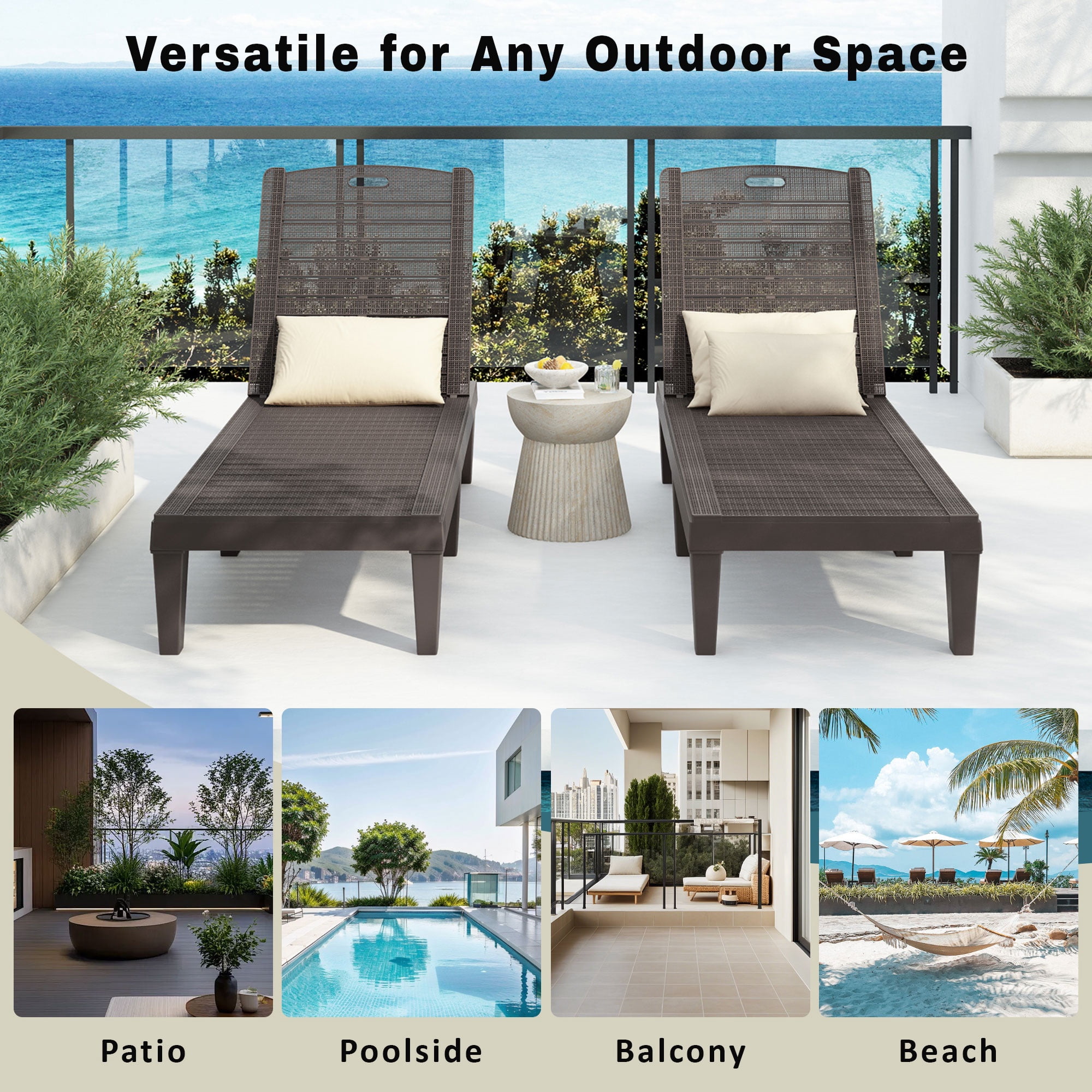 SEGMART Outdoor Lounge Chairs Set of 2, Adjustable Patio Chaise Lounges, Lounger Recliner for Poolside, Backyard, Porch, Quick Assembly, Easy Carrying, Waterproof, 440lb Capacity - Dark Brown