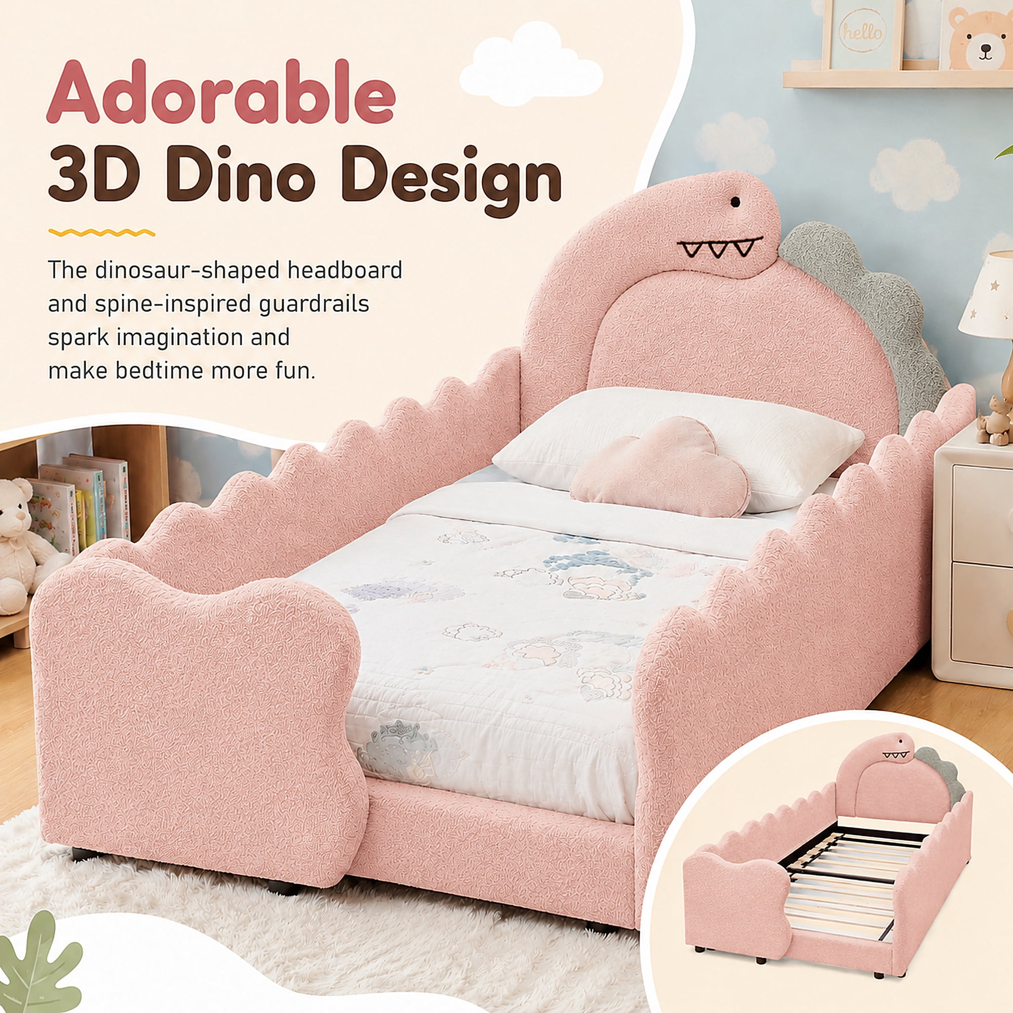 Miniyam Kids Twin Bed Frame, Boucle Upholstered Dinosaur Bed with Guardrails, Wood Slats, Pink