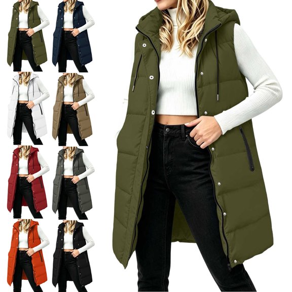 Women Long Hooded Puffer Vest,Sleeveless Zip Up and button,Thick Warm Casual Layering Winter Outerwear Jacket,Drawstring Design,Side Zipper Pocket