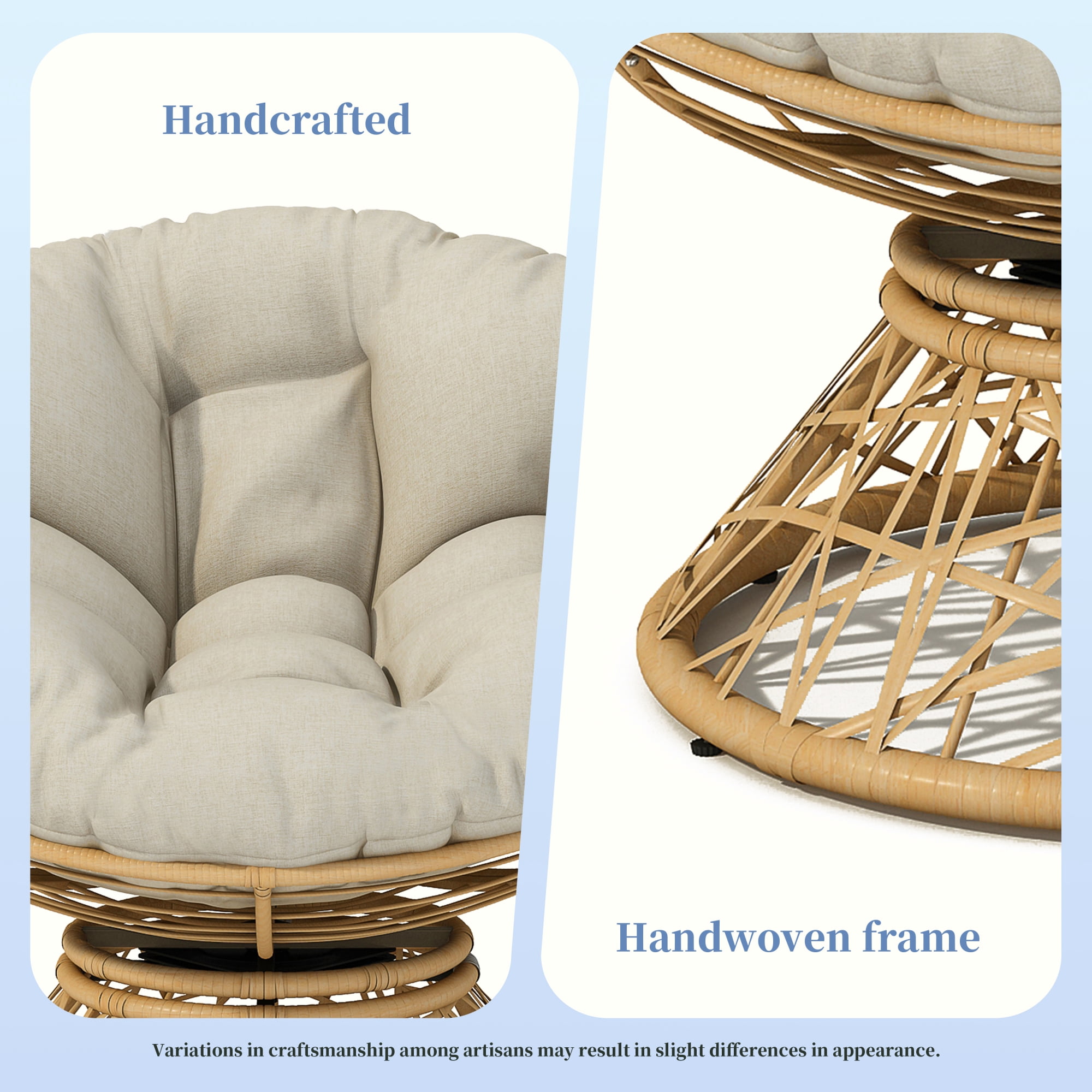 Leumius 40" Papasan Chair, Ergonomic Wicker Chair with Cloud Thick Density Fabric Cushion, Fluid 360 Degree Swivel for Reading,Living Room, Bedroom,Lounge,Gray Base, Beige+Natural Wood