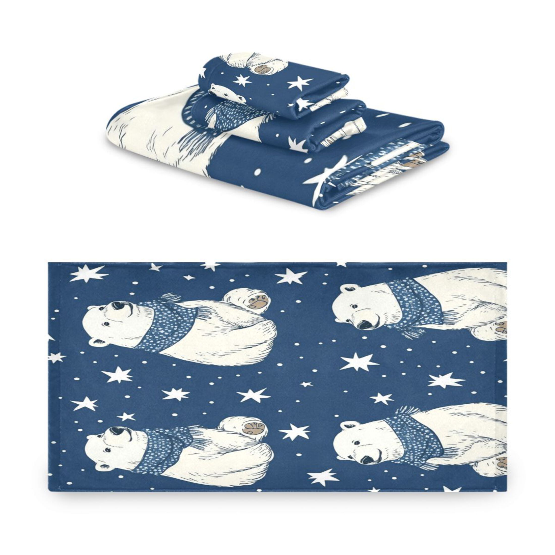 Wobogo Cute Polar Bears Pattern Ultra Soft 3 Pack Cotton Towel Set Includes 1 Bath Towel 1 Face Towel and 1 Washcloth for Everyday Use Lightweight and Compact