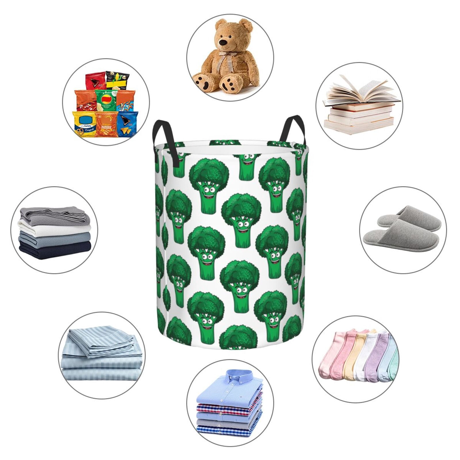 Large Laundry Basket with Handles - Cartoon smiling green broccoli cute Kids Baby Dirty Clothes Laundry Hamper for Bedroom Aesthetic