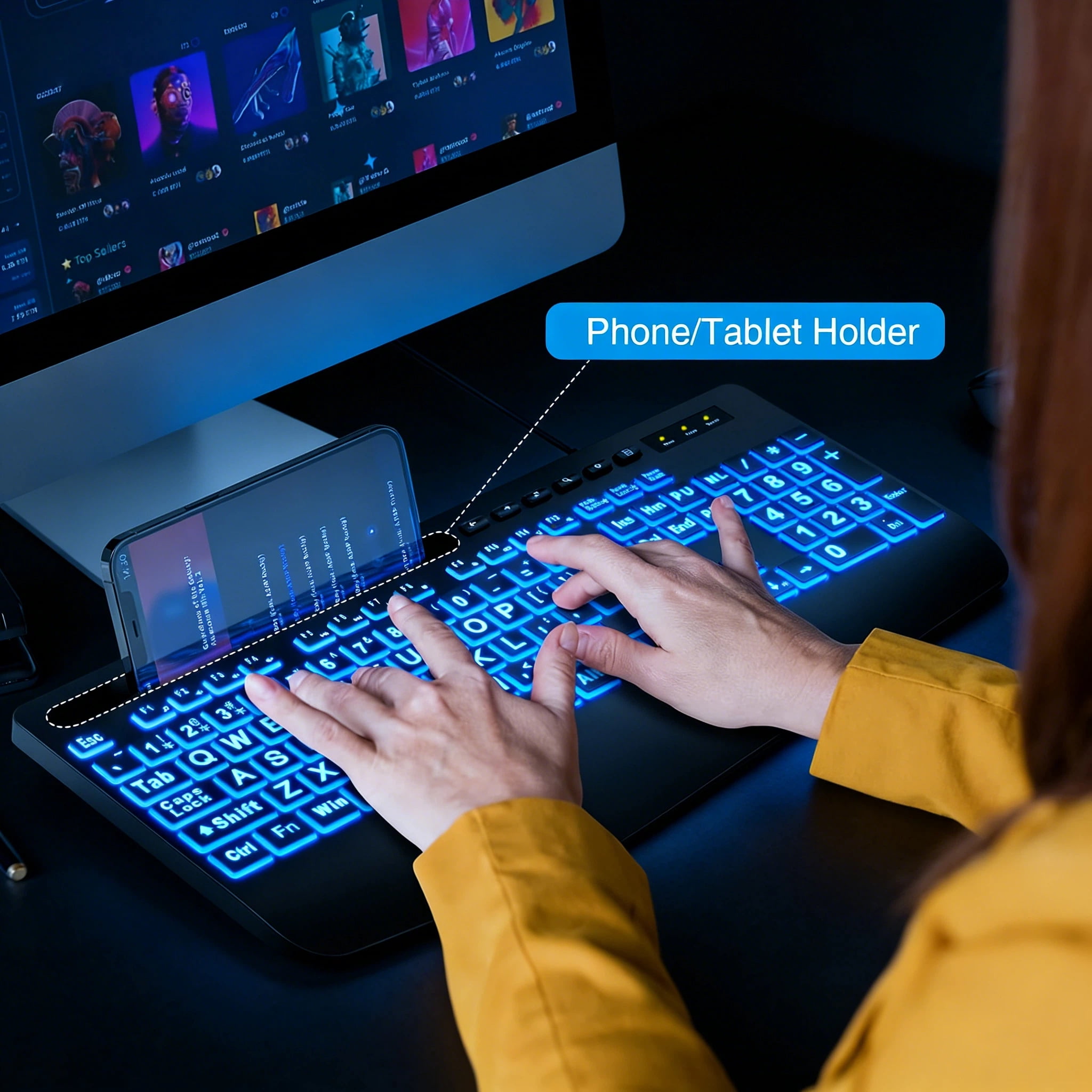 Large Print Wired Backlit Keyboard with 7-Color Backlight, Wrist Rest, Phone Holder, Oversized Keys, USB Plug & Play for PC Laptop Desktop Windows, Black