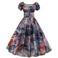 thumbnail image 4 of QLEICOM Women's 1950s Vintage Dresses,Square Neck Back Elastic Waist Short Sleeve Hem Mini Dress, Cocktail Stretchy Evening Party Dresses, Halloween Costumes Slim Swing Dress Gray XXL, 4 of 4