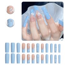RAGUPEL 24Pcs Glue on Nails for Women,Diamond-Accented Square Nails,Flower Pattern Cute Nails,Stick on Nails for Women and Girls,Style2