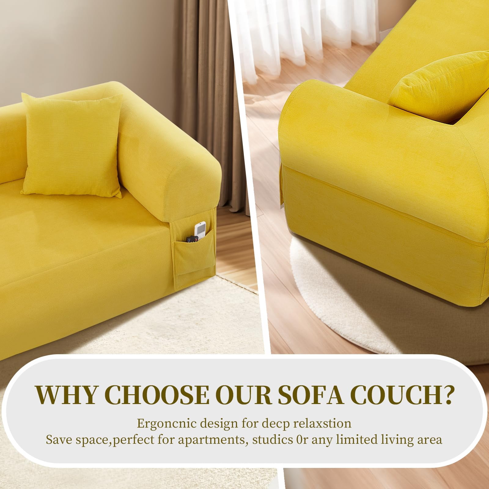 3-Seater Sofa, 83" No Assembly Deep Loveseat Couch in A Box, Spring & High-Elastic Sponge Filling Sofas with 2 Cushions & Side Storage Pockets for Living Room Apartment, Yellow