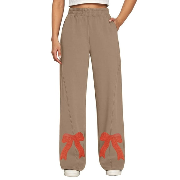 Yuanlong Womens Pants Fashion Bow Embroidered Smoked High Waist Sweatpants Daily Outings Oversized Trousers With Pockets