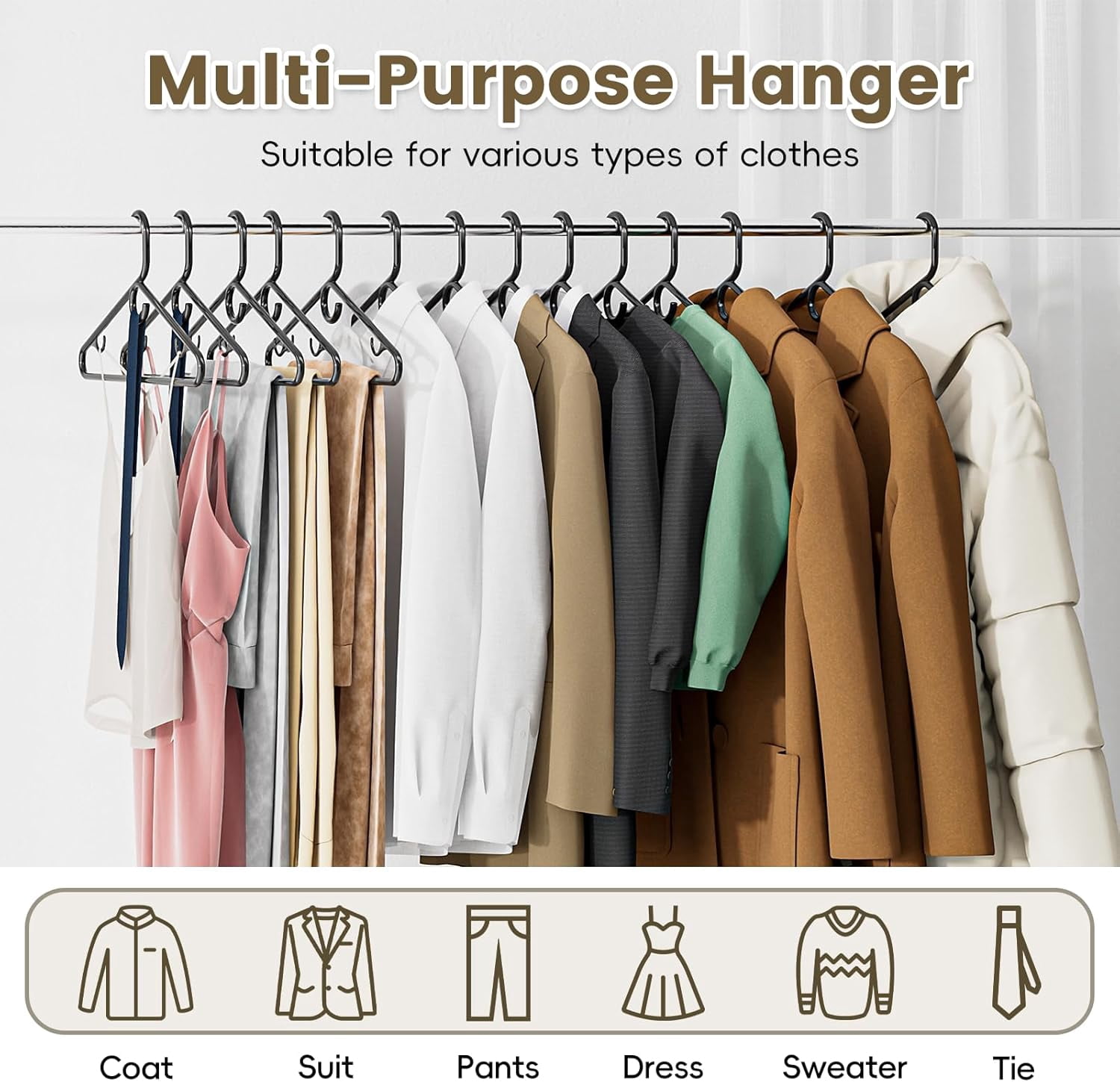 UEAKPIC Heavy Duty Plastic Hangers with Hook, Non-Slip Tubular Clothes Hangers for Adults and Children, 18 Pack, Black