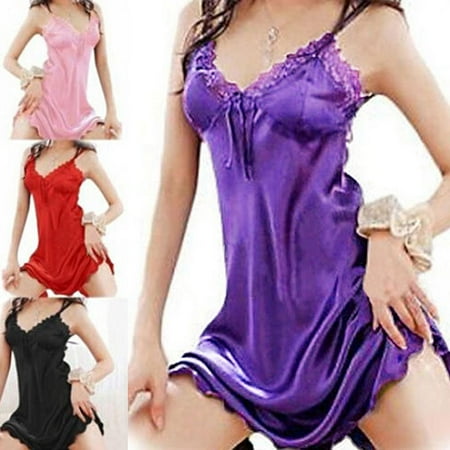 Travelwant Lingerie for Women Satin Teddy Babydoll Sleepwear Lace Chemise V Neck Nightwear Mini Slip Nightgown