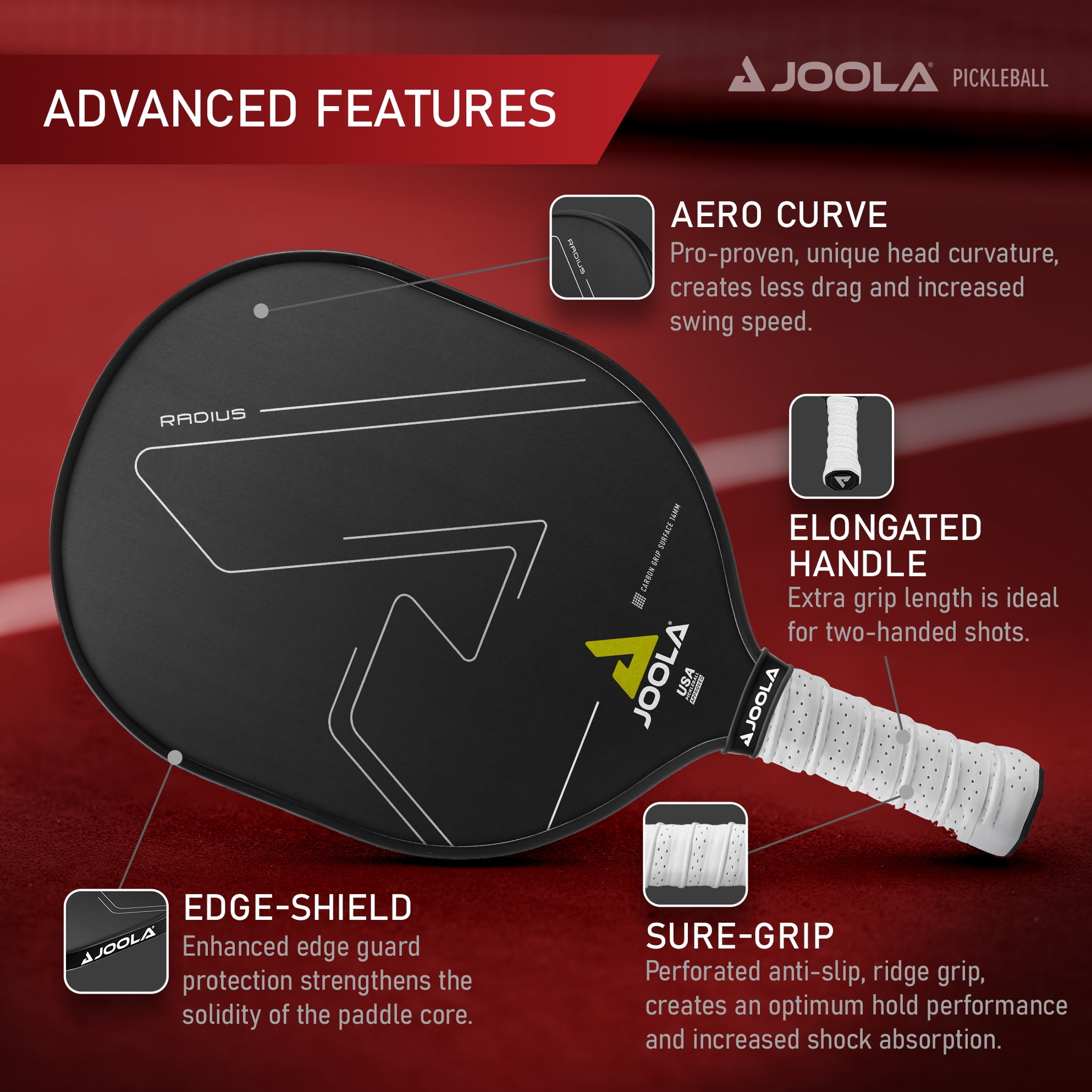 JOOLA Radius CGS 14mm Pickleball Paddle, Carbon Fiber, Black