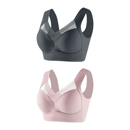 Ndbuld Bra for Women Plus Size 2 PCS Women s Sexy Printed Front Button Non-Steel Ring Lingerie Soft Cotton Plus Size Underwear Bra Gray Pink XXL