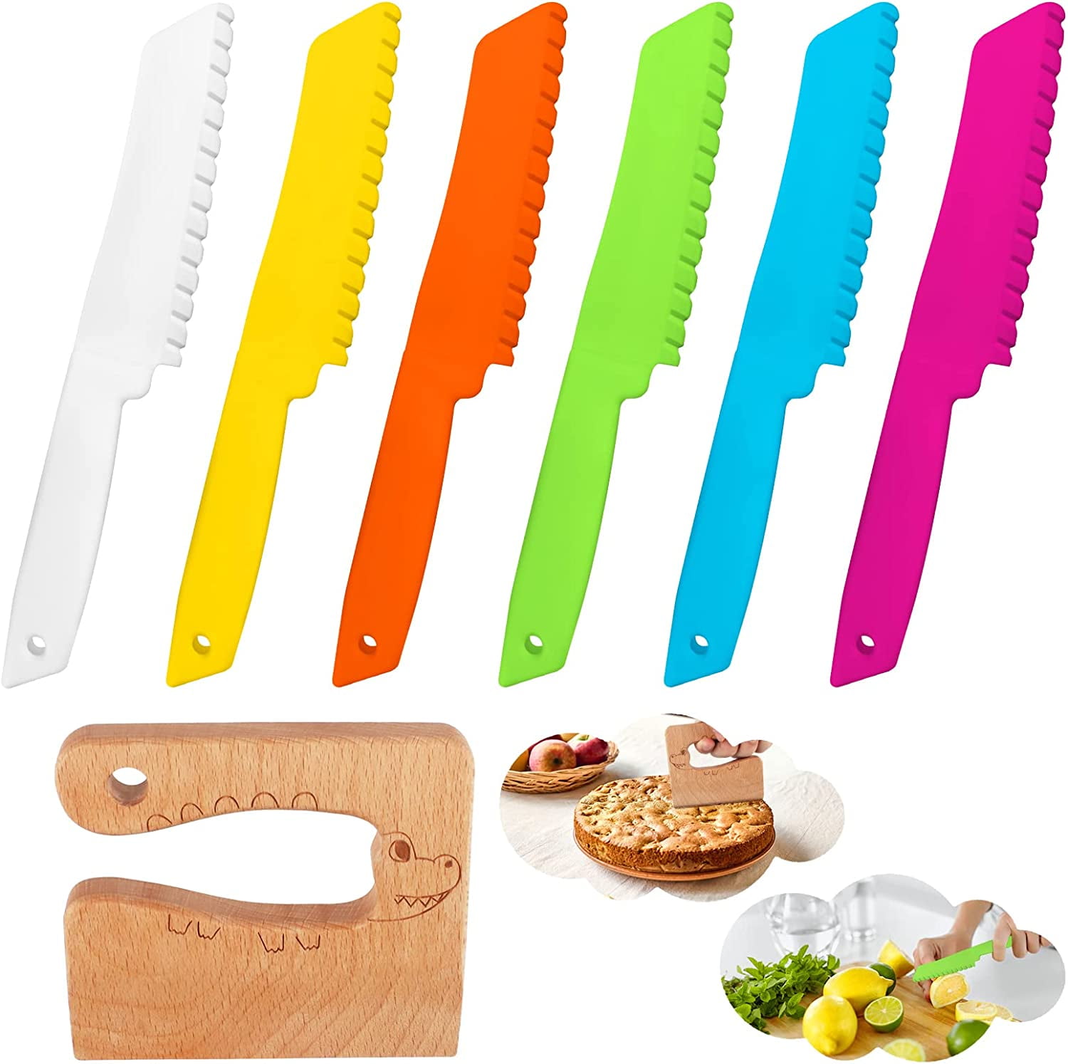 Plastic Kitchen Knives Wooden Kid's Knife 7 Pcs Chef's Knives with