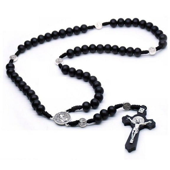Antique Black Cross Rosary Pendant Necklaces Jesus Saint Benedict Beaded Necklace For Men Women Jewelry