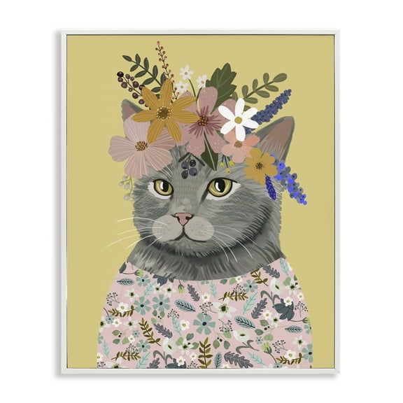 Spring Cat Floral Portrait White Framed Giclee Art, 24 x 30, Made In USA