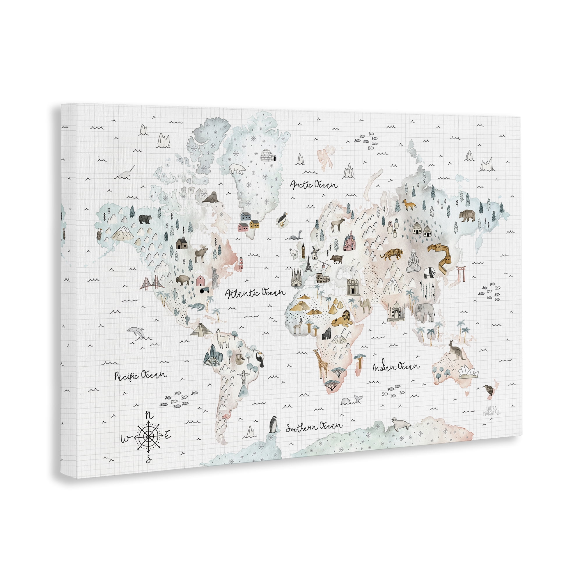 Stupell Industries Whimsical World Traveler Map Animals Painting Wrapped Canvas Art Print Wall Art, 30 x 20