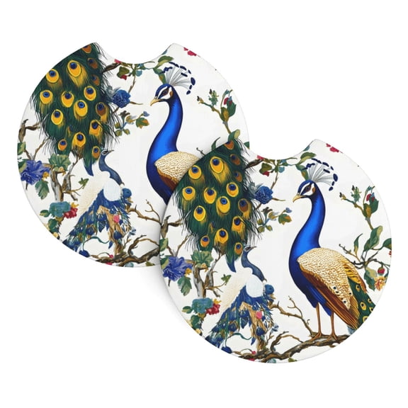 2 Package Car Coasters Drink Absorbable Rubber Base Cup Holder Coasters Non-Slip Coasters Bar Coasters Car Interior Accessories 2.7 Inches Chic Peacock