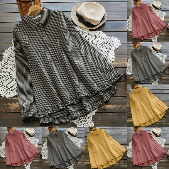 DDAPJ pyju Women Casual Shacket Long Sleeve Button Down Plaid Shirts Dressy Ruffled Blouse Tops Limited Time Sales Black XXXL