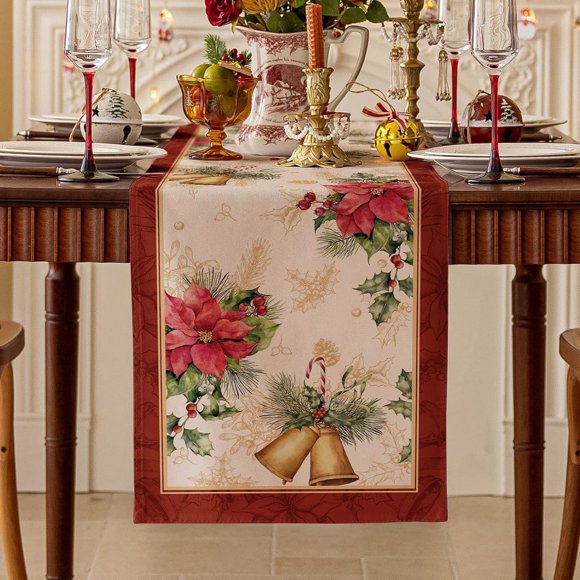 Christmas Table Runner 13 x 108 Inch, Printed Xmas Poinsettia Bell Satin Runners, Seasonal Red Flower Winter Holiday Table Decorations for Kitchen, Dining, Party Decor