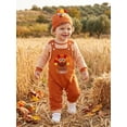 thumbnail image 5 of Loicainy Infant Baby Boy Thanksgiving Outfit 3 6 9 12 18 Months Striped Crew Neck Long Sleeve Romper Turkey Print Overalls and Hat 3 Pcs Clothes Set, 5 of 9