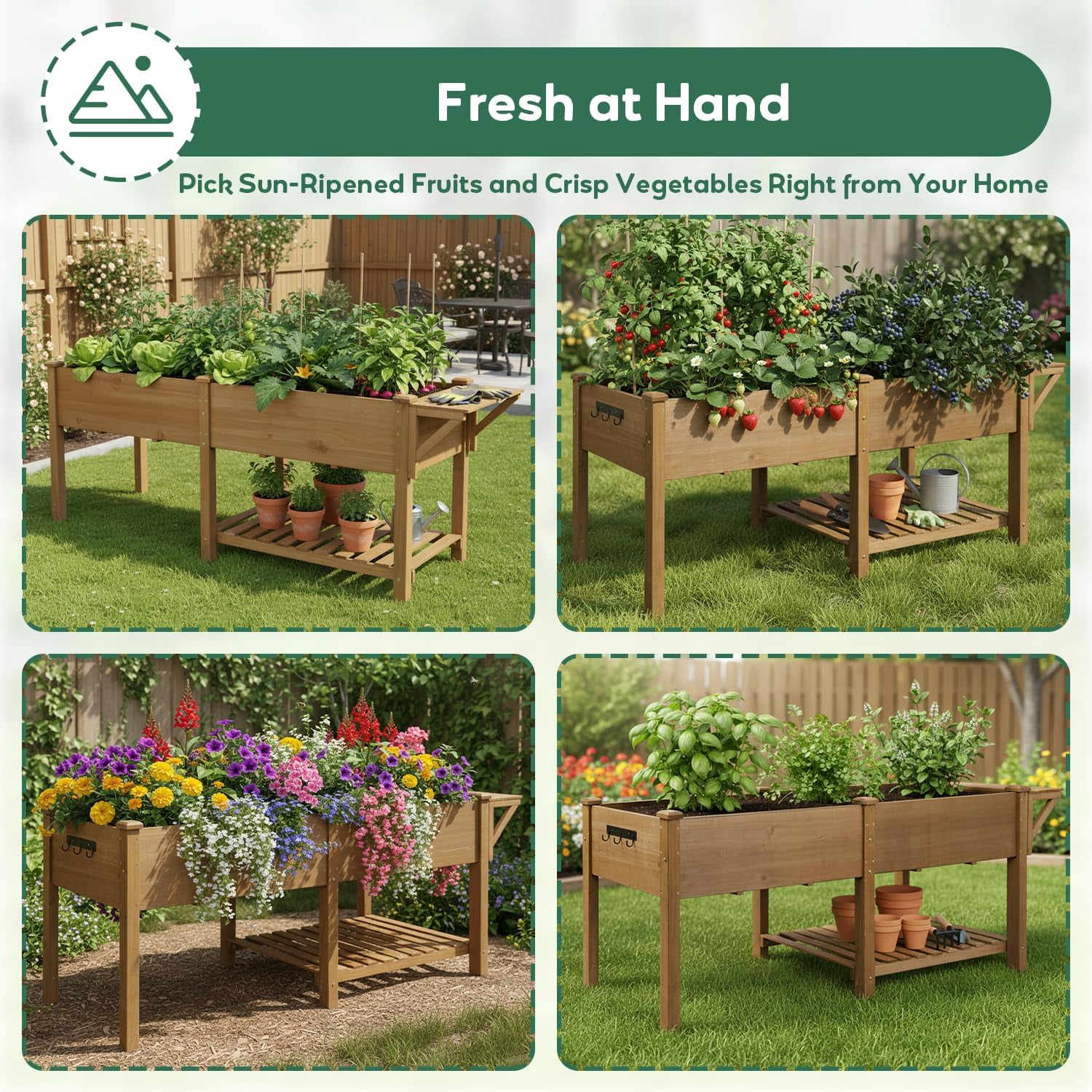 81" Large Raised Garden Bed with Legs, Elevated Planter Box with Liner, Side Table, Storage Shelf & Hanging Hooks for Vegetables & Herbs, Brown