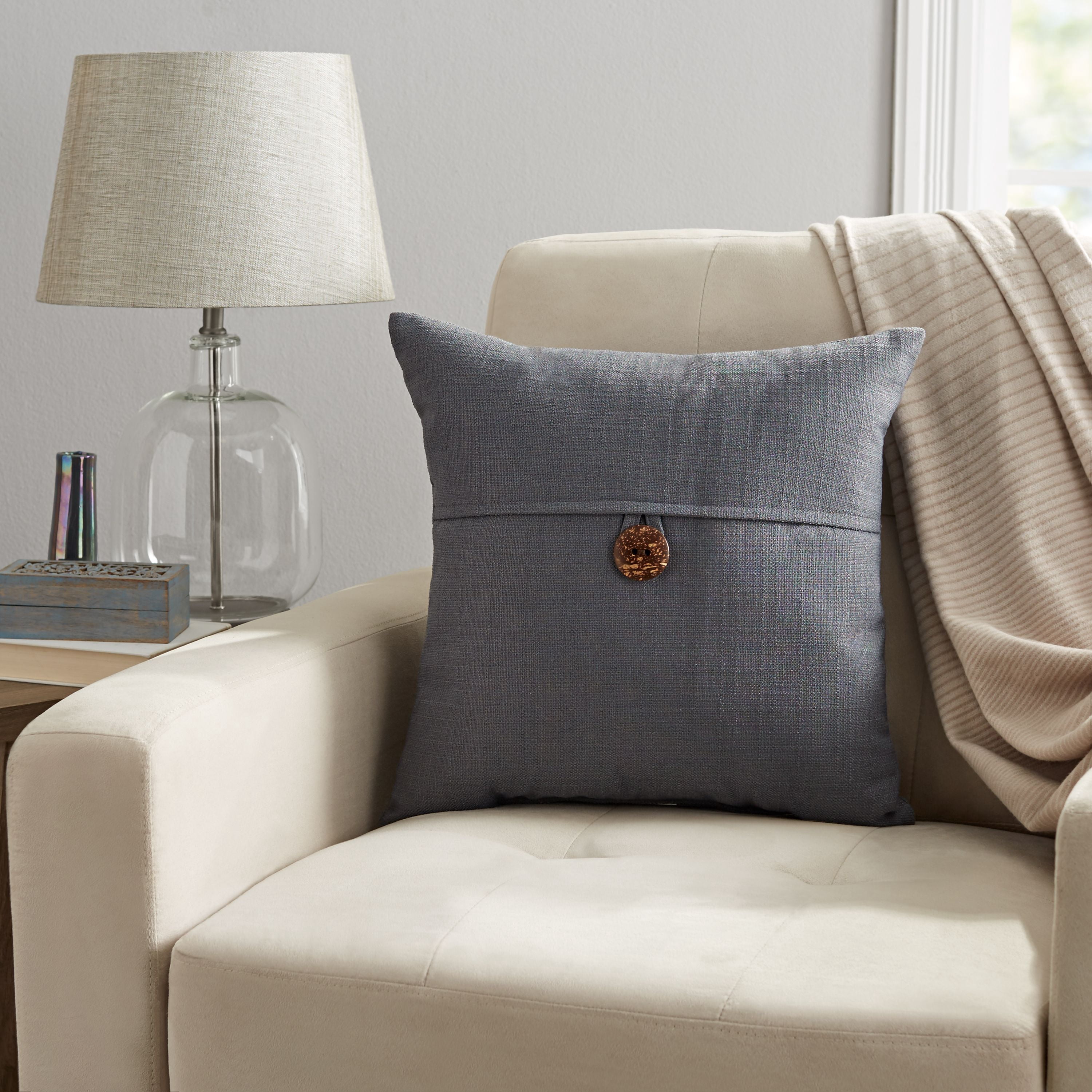 Mainstays Dynasty Square Coconut Button Accent Decorative Throw Pillow, 18" x 18", Gray Flannel