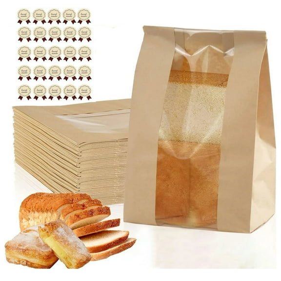 TETOU 25pcs Paper Bread Bags with Label Seal Stickers, Bread Bags with Window for Homemade Bread Baked Food Packaging Storage - 11.8*8.2*3.5 inch Brown