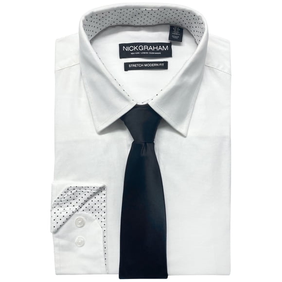 Nick Graham Mens Modern Fit Stretch Button Down Dress Shirt, White, 16-16.5