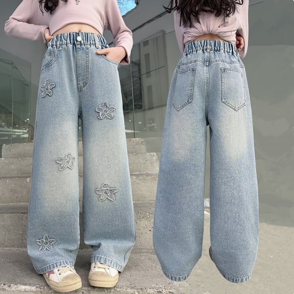 YMNXA Children Kids Girls Denim Pants Elastic Waist Wide Leg Straight Fit Appliques Comfortable Fashion Jeans Trousers With Pockets For Daily Wear,Light Blue,5-6 Years