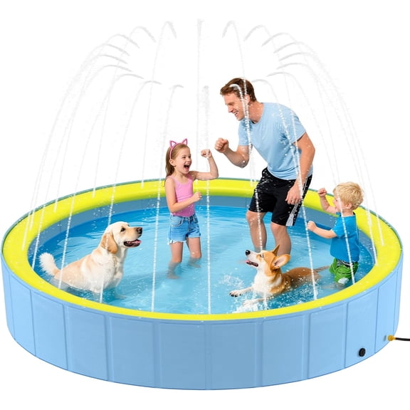 Niubya Foldable Dog Pool with Sprinkler Collapsible for Dogs 63" x 12"