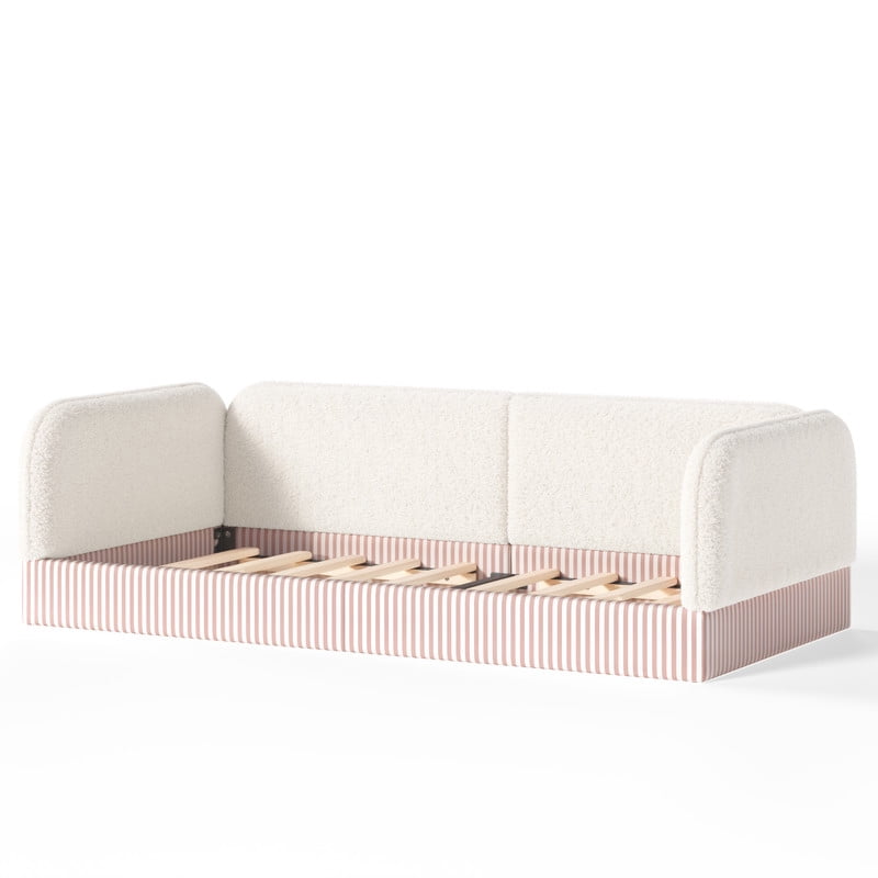 Twin Size Upholstered Floor Daybed Frame for Kids, Half-Enclosed Montessori Platform Bed with 3-Sided Surrounding Guardrails