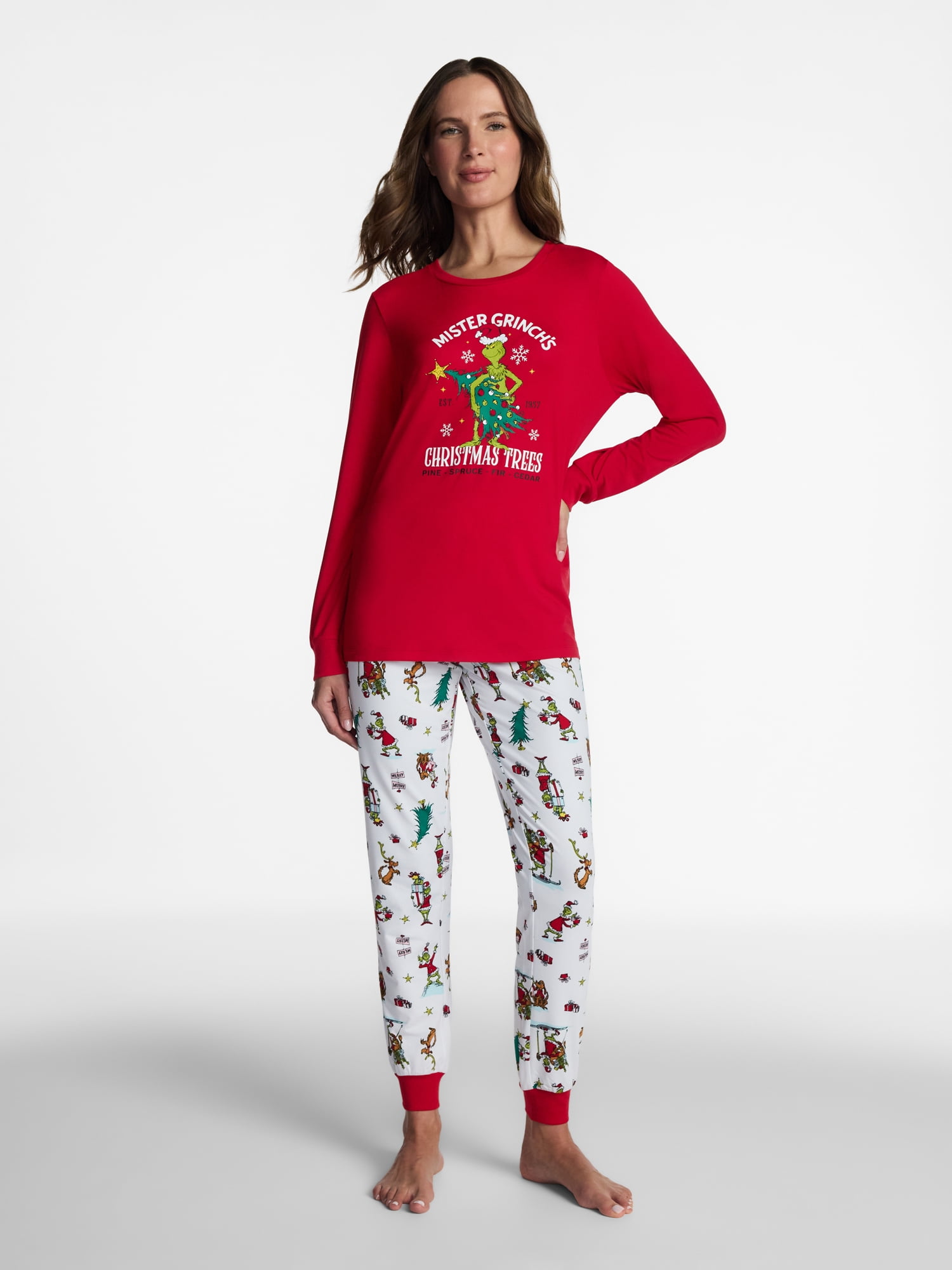 Dr. Seuss Grinch Women's Matching Family Pajamas Top and Pants Set, 2-Piece, Sizes S-3X